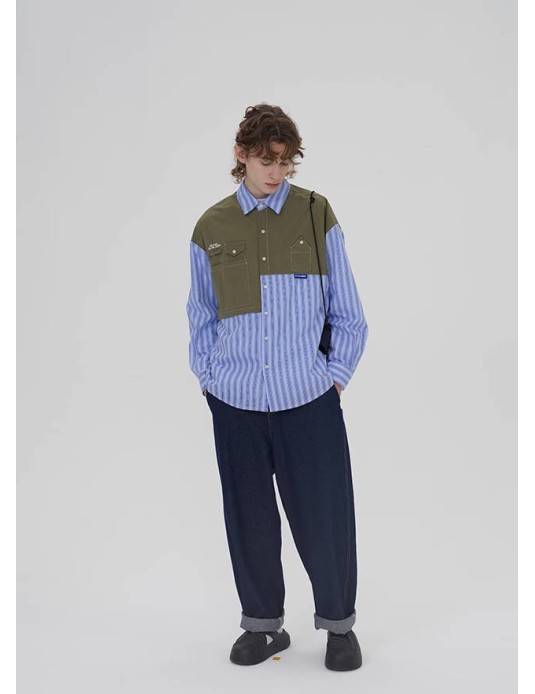 O3PARK Japanese loose cityboy off-shoulder multi-pocket army green casual contrast stitching blue striped shirt