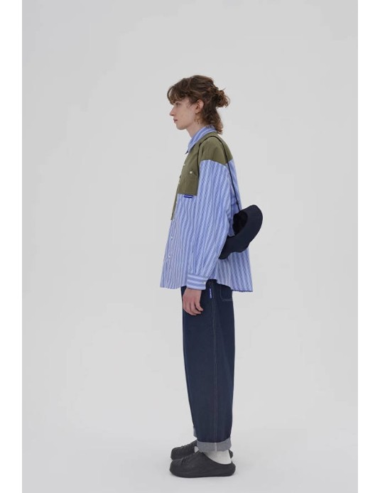 O3PARK Japanese loose cityboy off-shoulder multi-pocket army green casual contrast stitching blue striped shirt