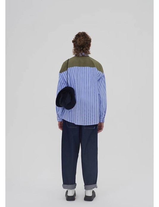 O3PARK Japanese loose cityboy off-shoulder multi-pocket army green casual contrast stitching blue striped shirt
