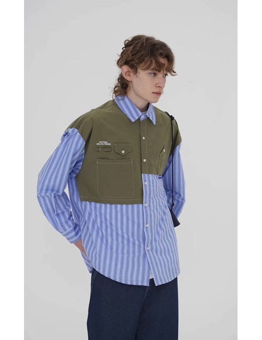 O3PARK Japanese loose cityboy off-shoulder multi-pocket army green casual contrast stitching blue striped shirt