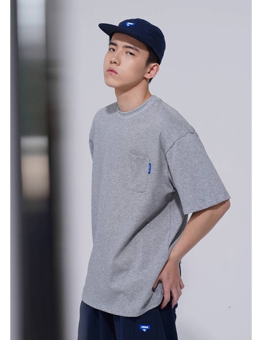 O3PARK Japanese 280g heavyweight short-sleeved pocket T-shirt loose small neckline casual solid color bottoming dropped shoulder short sleeves