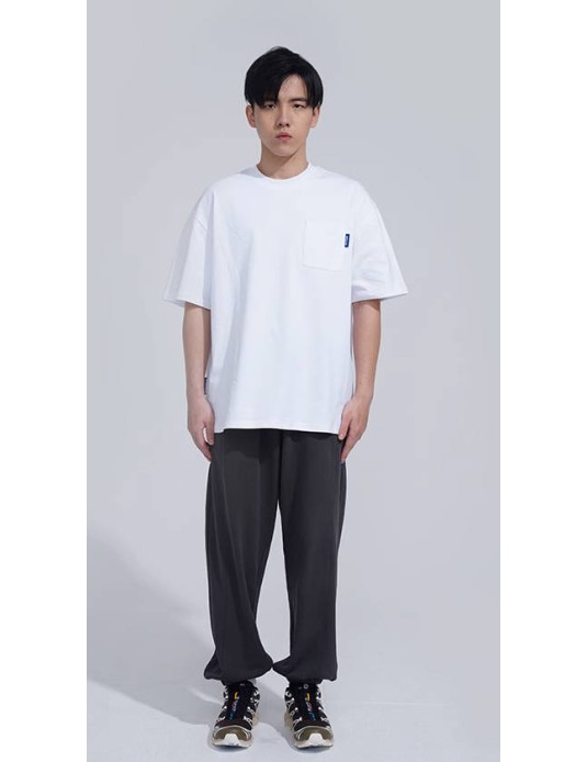 O3PARK Japanese 280g heavyweight short-sleeved pocket T-shirt loose small neckline casual solid color bottoming dropped shoulder short sleeves