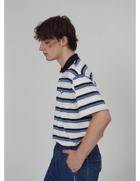 O3PARK Japanese Ivy summer open-neck polo shirt cityboy loose and versatile contrast striped short-sleeved T-shirt