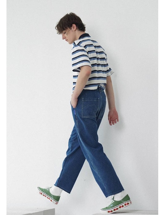 O3PARK Japanese Ivy summer open-neck polo shirt cityboy loose and versatile contrast striped short-sleeved T-shirt