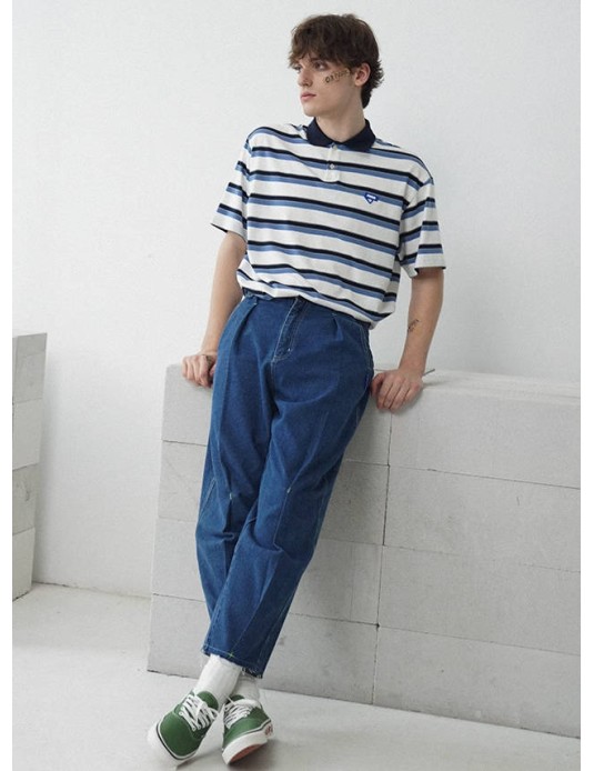 O3PARK Japanese Ivy summer open-neck polo shirt cityboy loose and versatile contrast striped short-sleeved T-shirt