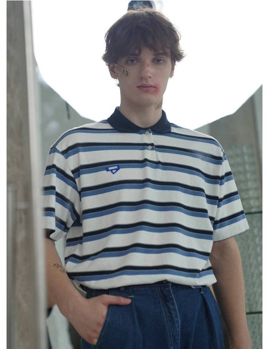 O3PARK Japanese Ivy summer open-neck polo shirt cityboy loose and versatile contrast striped short-sleeved T-shirt