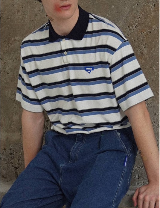 O3PARK Japanese Ivy summer open-neck polo shirt cityboy loose and versatile contrast striped short-sleeved T-shirt