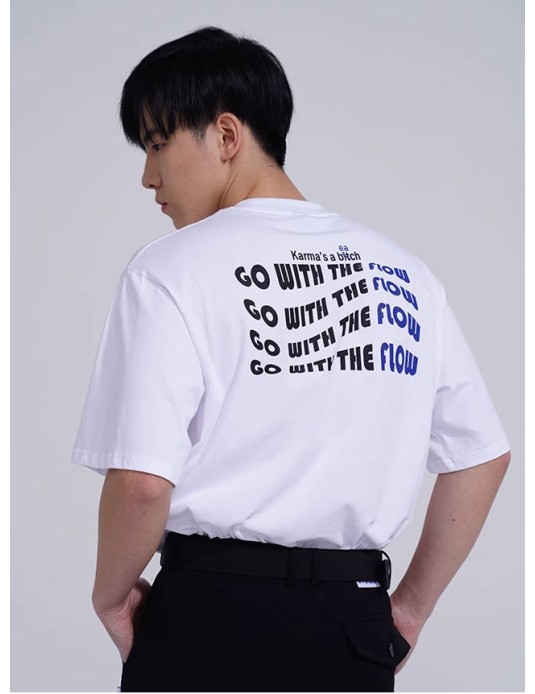 O3PARK fun letters "karma" print loose small neckline trendy T-shirt retro heavy short sleeves