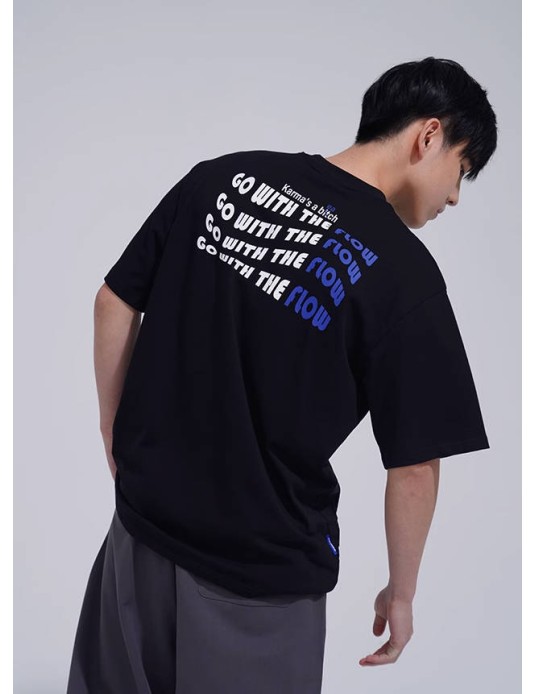 O3PARK fun letters "karma" print loose small neckline trendy T-shirt retro heavy short sleeves