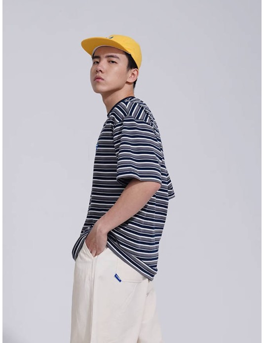 O3PARK summer three-dimensional label round neck heavy Japanese short-sleeved couple college style couple cityboy T-shirt