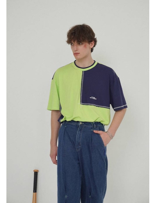 O3PARK original spliced double collar fake two-piece couple dropped shoulder short-sleeved loose versatile deconstructed style green T-shirt