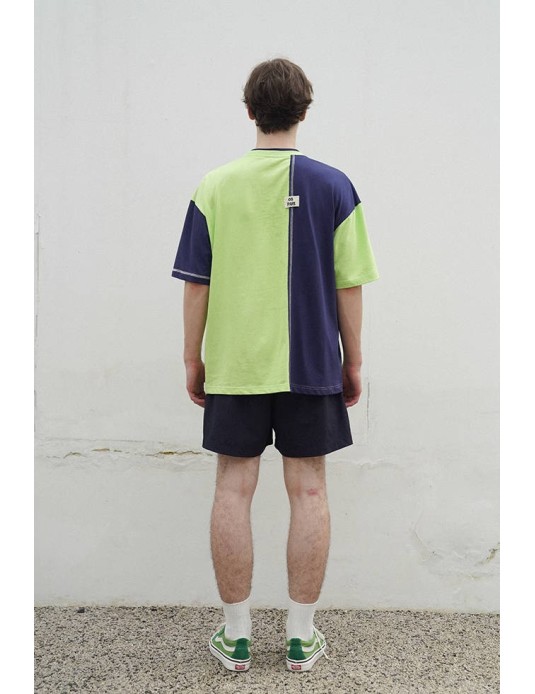 O3PARK original spliced double collar fake two-piece couple dropped shoulder short-sleeved loose versatile deconstructed style green T-shirt