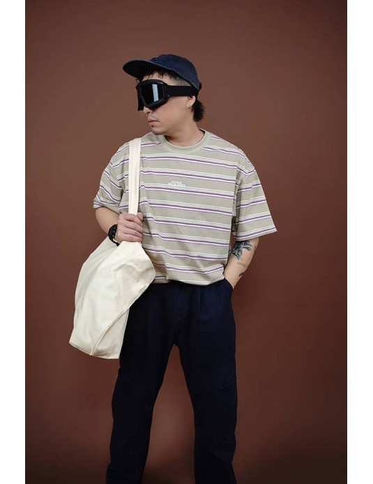O3PARK summer new purple striped round neck short-sleeved clean fit American retro sports loose T-shirt