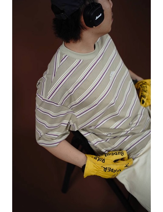 O3PARK summer new purple striped round neck short-sleeved clean fit American retro sports loose T-shirt