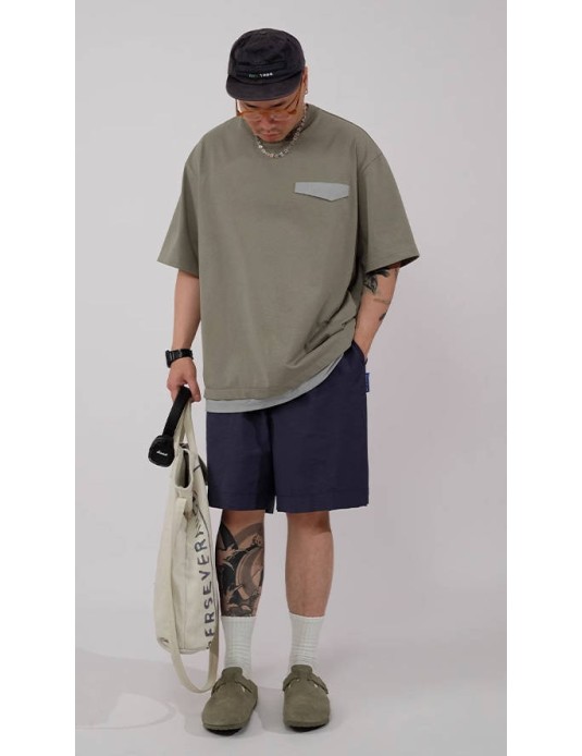 O3PARK summer new casual versatile heavyweight trendy brand loose off-shoulder short-sleeved fake two-piece Japanese contrasting color T-shirt