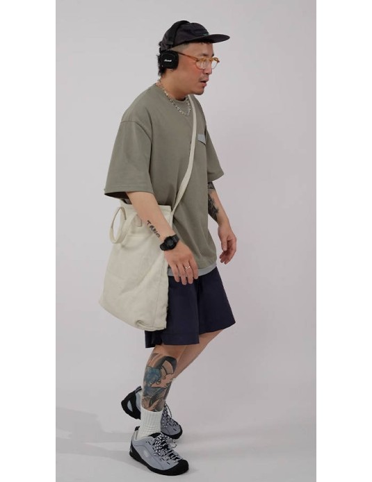 O3PARK summer new casual versatile heavyweight trendy brand loose off-shoulder short-sleeved fake two-piece Japanese contrasting color T-shirt