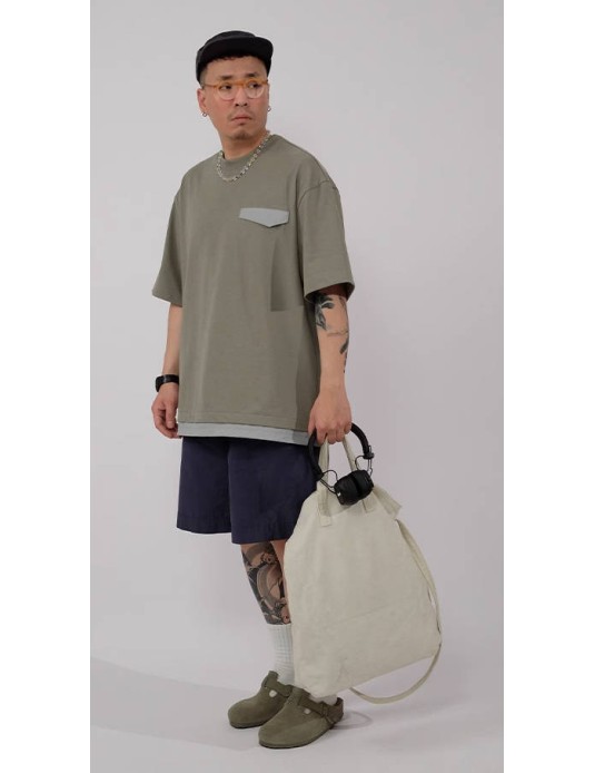 O3PARK summer new casual versatile heavyweight trendy brand loose off-shoulder short-sleeved fake two-piece Japanese contrasting color T-shirt