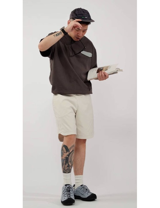 O3PARK summer new casual versatile heavyweight trendy brand loose off-shoulder short-sleeved fake two-piece Japanese contrasting color T-shirt