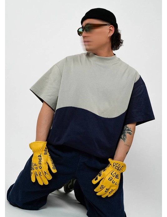 O3PARK new summer style loose casual versatile round neck color-blocked short-sleeved deconstructed stitching contrasting color Tai Chi T-shirt