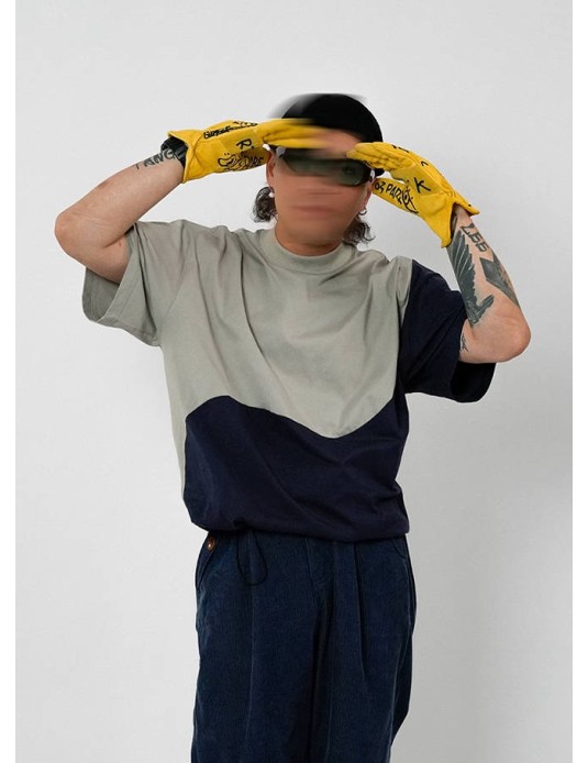 O3PARK new summer style loose casual versatile round neck color-blocked short-sleeved deconstructed stitching contrasting color Tai Chi T-shirt