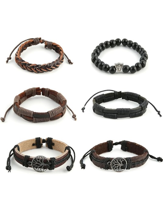 O3PARK Genuine Leather Tree of life Bracelets Men Women, Tiger Eye Natural Stone Lava Rock Beads Ethnic Tribal Elastic Bracelets Wristbands