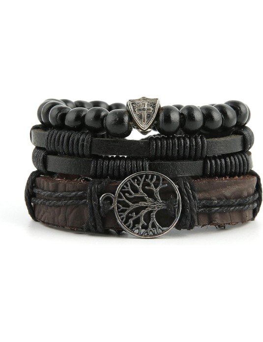 O3PARK Genuine Leather Tree of life Bracelets Men Women, Tiger Eye Natural Stone Lava Rock Beads Ethnic Tribal Elastic Bracelets Wristbands