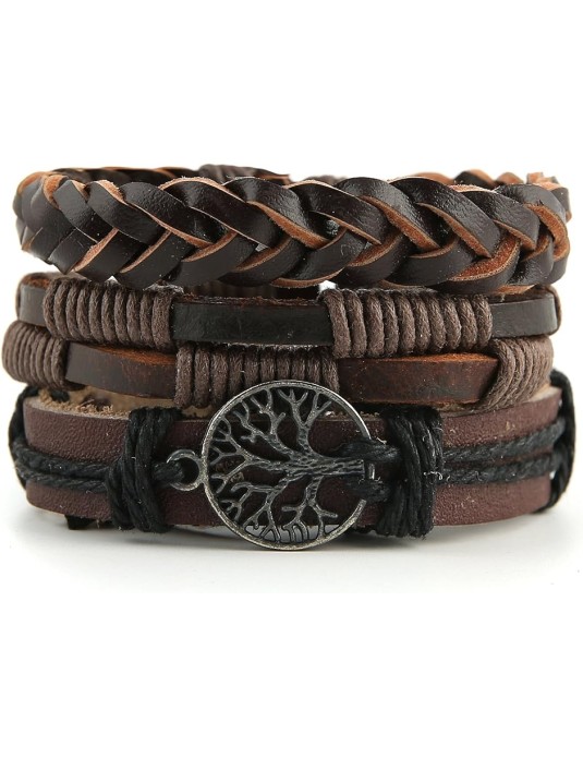 O3PARK Genuine Leather Tree of life Bracelets Men Women, Tiger Eye Natural Stone Lava Rock Beads Ethnic Tribal Elastic Bracelets Wristbands